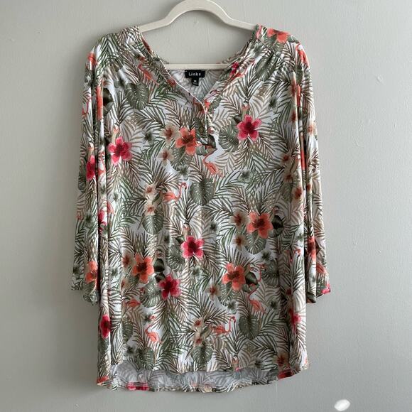 Links Size 1X Green Tan Tropical Pattern Top Flamingo Long Sleeves - Picture 1 of 6